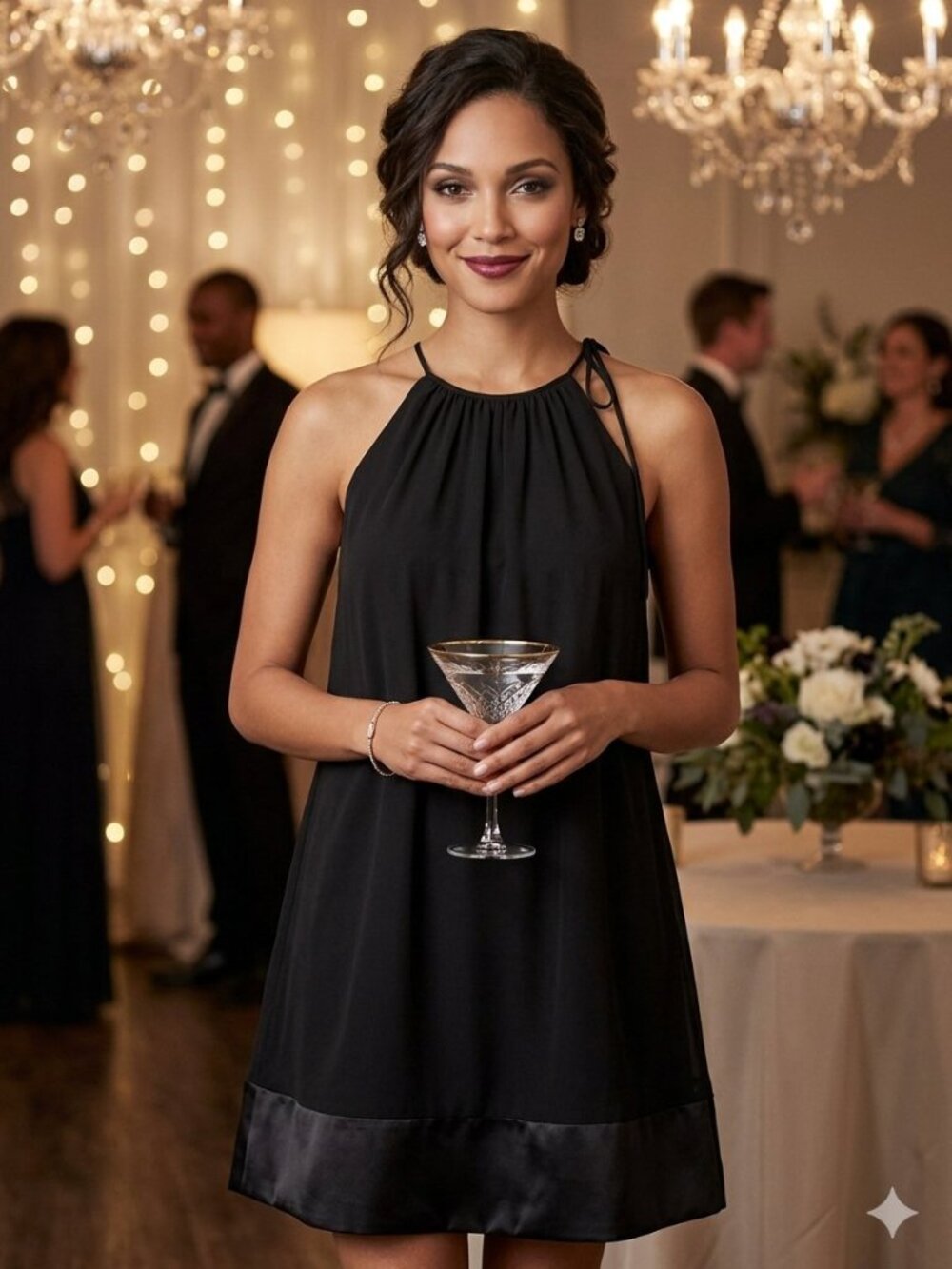 White House Black Market Silk Lined Satin Ribbon Hem Trapeze Little Black Dress